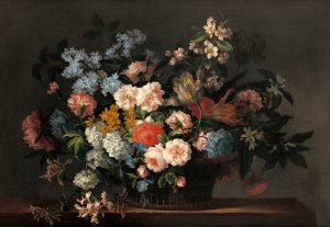 Still life with basket of flowers by Jean-Baptiste Monnoyer Oil Painting