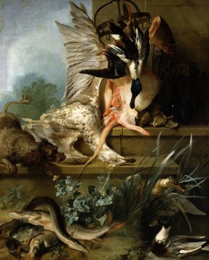 Still Life with a Spaniel Chasing Ducks by Jean-Baptiste Oudry Oil Painting