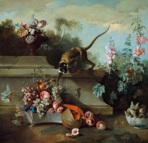 Still Life with Monkey, Fruits, and Flowers by Jean-Baptiste Oudry Oil Painting