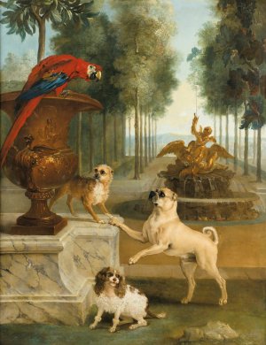 Three Dogs And A Macaw In A Park by Jean-Baptiste Oudry Oil Painting