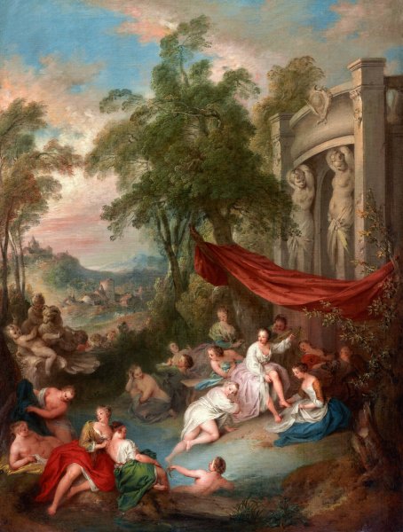 Female Bathers Near a Fountain  by Jean-Baptiste Pater - Hand-Painted Oil Painting Reproduction