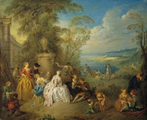 Fete galante in a Coastal Landscape by Jean-Baptiste Pater Oil Painting
