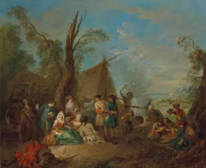 Soldiers And Vivandieres Cooking And Resting Around A Campfire, A Wagon And A Tent Beyond Oil painting by Jean-Baptiste Pater