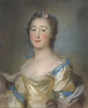 A Young Lady in a Yellow Gown with Blue Ribbons by Jean-Baptiste Perronneau Oil Painting