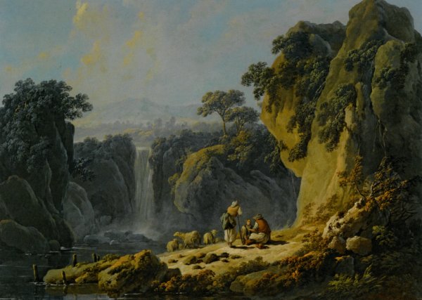 Main Product Photo of A Landscape with Peasants Resting Their Flock Beside a Waterfall Painting by Jean-Baptiste Pillement