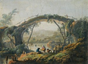A Pair Of River Landscapes With Figures Approaching A Bridge by Jean-Baptiste Pillement Oil Painting