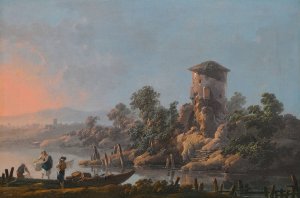A River Landscape With A Ruined Tower And Fishermen With Their Nets In The Foreground by Jean-Baptiste Pillement Oil Painting