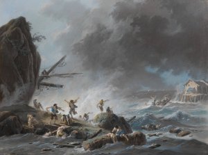 A shipwreck on a rocky coast during a storm by Jean-Baptiste Pillement Oil Painting