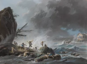 A shipwreck on a rocky coast during a storm by Jean-Baptiste Pillement Oil Painting