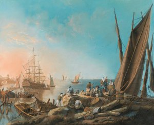 At the mouth of the River Tagus by Jean-Baptiste Pillement Oil Painting