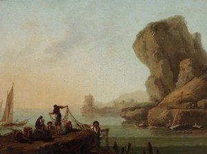 Fishermen pulling nets at the seaside by Jean-Baptiste Pillement Oil Painting