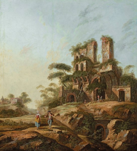 Landscape with the ruins of Aqua Julia in Rome  by Jean-Baptiste Pillement - Hand-Painted Oil Painting Reproduction