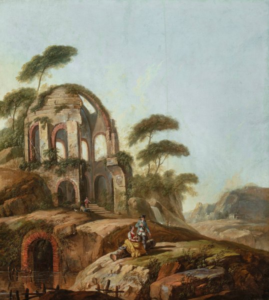 Landscape with the ruins of the Temple of Minerva Medica in Rome  by Jean-Baptiste Pillement - Hand-Painted Oil Painting Reproduction