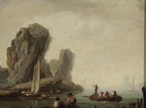 View of the sea with fishing boats by Jean-Baptiste Pillement Oil Painting
