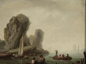 View of the sea with fishing boats by Jean-Baptiste Pillement Oil Painting