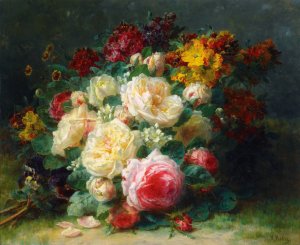 A Bouquet Of Cabbage Roses by Jean-Baptiste Robie Oil Painting