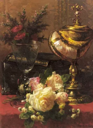 A Bouquet of Roses and other Flowers in a Glass Goblet with a Chinese Lacquer Box and a Nautilus Cup on a Red Velvet Draped Table