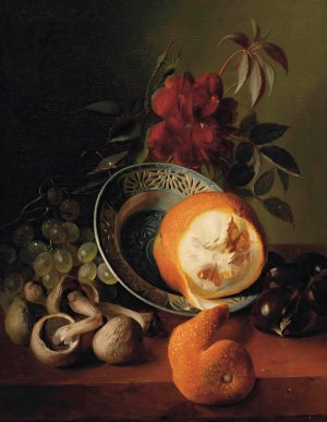 A rose, grapes, mushrooms, an orange and chestnuts Oil painting by Jean-Baptiste Robie