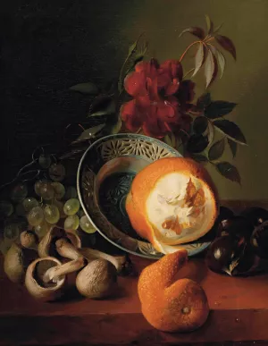 A rose, grapes, mushrooms, an orange and chestnuts Oil painting by Jean-Baptiste Robie