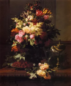 A Still Life of Roses, Tulips and other Flowers on a German Compote, a Plate of Raspberries, a Glass and a German Silver-Gilt Nautilus Cup on a Table by Jean Baptiste Robie - Oil Painting Reproduction