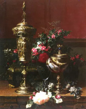 A Still Life With A German Cup, A Nautilus Cup, A Goblet An Cut Flowers On A Table Oil painting by Jean Baptiste Robie