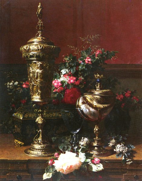 A Still Life With A German Cup, A Nautilus Cup, A Goblet An Cut Flowers On A Table