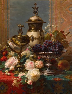 A Still Life With Roses, Grapes, And A Silver Inlaid Nautilus Shell by Jean-Baptiste Robie Oil Painting