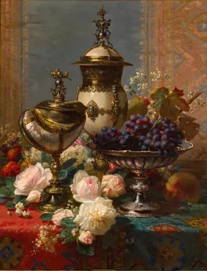 A Still Life With Roses, Grapes, And A Silver Inlaid Nautilus Shell by Jean-Baptiste Robie Oil Painting