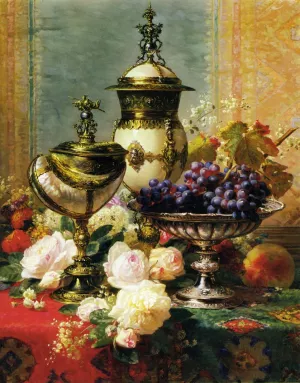 A Still Life with Roses, Grapes and A Silver Inlaid Nautilus Shell by Jean Baptiste Robie Oil Painting
