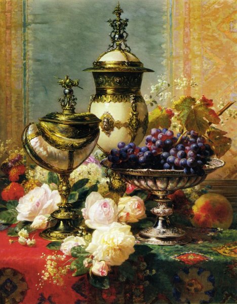 Main Product Photo of A Still Life with Roses, Grapes and A Silver Inlaid Nautilus Shell Painting by Jean Baptiste Robie