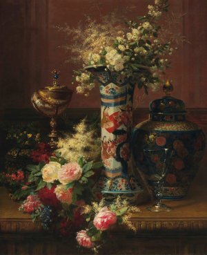 Roses, Peonies and Forget-me-nots in a Japanese Vase by Jean-Baptiste Robie Oil Painting