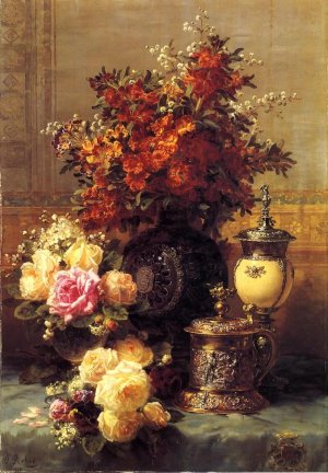 Still Life of Roses and other Flowers, a Silver-Gilt Ostrich Egg Cup and a German Gold-Gilt Tankard on a Draped Table in an Interior