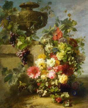 Still Life of Roses, Morning Glories, Chrysanthemums, Forget-me-nots, Grapes and Raspberries by a Decorative Stone Urn on a Ledge in a Landscape