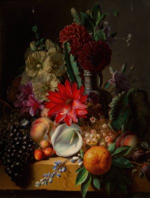 Still life with flowers and fruit on a ledge by Jean-Baptiste Robie Oil Painting