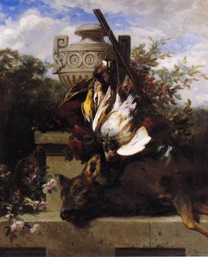 Still Life with Game and a Rifle on a Marble Ledge with an Urn in a Flowery Landscape