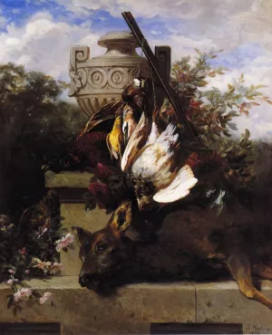 Still Life with Game and a Rifle on a Marble Ledge with an Urn in a Flowery Landscape by Jean Baptiste Robie Oil Painting