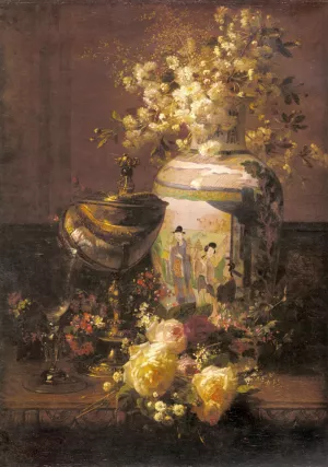 Still Life with Japanese Vase and Flowers by Jean Baptiste Robie Oil Painting