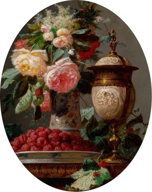 Still life with roses and a bowl of raspberries with a silver-gilt ostrich egg cup by Jean-Baptiste Robie Oil Painting
