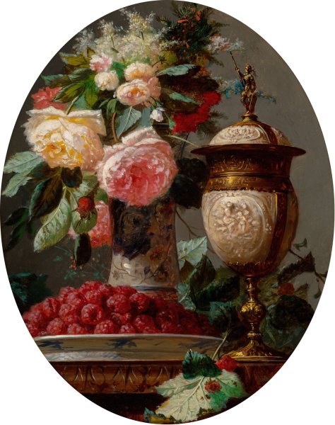 Still life with roses and a bowl of raspberries with a silver-gilt ostrich egg cup by Jean-Baptiste Robie - Hand-Painted Oil Painting Reproduction