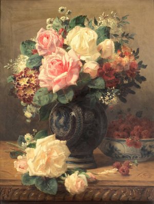 Still Life with Roses and Raspberries by Jean-Baptiste Robie Oil Painting