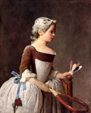 Girl with a Featherball Racket Oil painting by Jean-Baptiste-Simeon Chardin