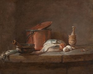 Kitchen Utensils with Leeks, Fish, and Eggs by Jean-Baptiste-Simeon Chardin Oil Painting