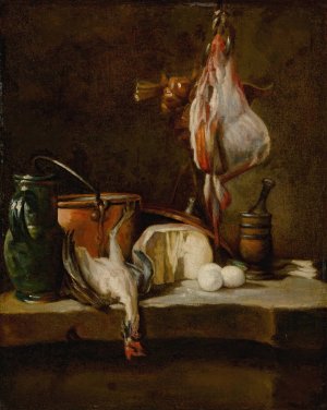 Still Life with a ray-fish, a basket of onions, eggs, cheese, a green jug and a copper pot by Jean-Baptiste-Simeon Chardin Oil Painting