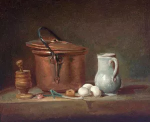 Still Life with Copper Pan and Pestle and Mortar by Jean-Baptiste-Simeon Chardin - Oil Painting Reproduction