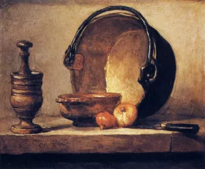 Still Life with Pestle, Bowl, Copper Cauldron, Onions and a Knife by Jean-Baptiste-Simeon Chardin - Oil Painting Reproduction