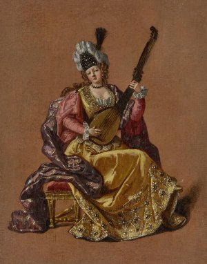 Lady playing an archlute by Jean Baptiste Vanmour Oil Painting