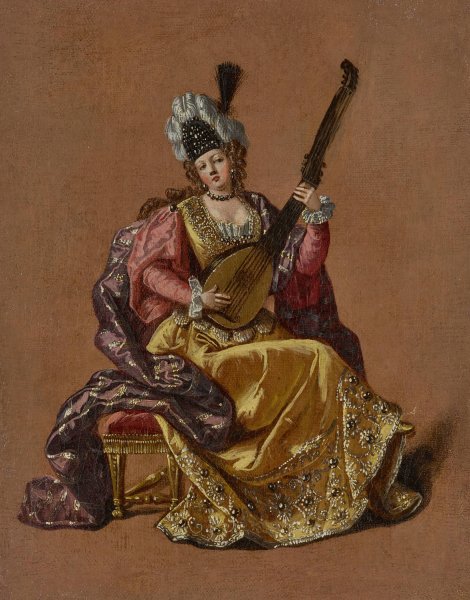 Lady playing an archlute by Jean Baptiste Vanmour - Hand-Painted Oil Painting Reproduction
