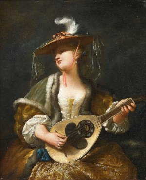 A Lady Playing A Mandolin by Jean Barbault Oil Painting