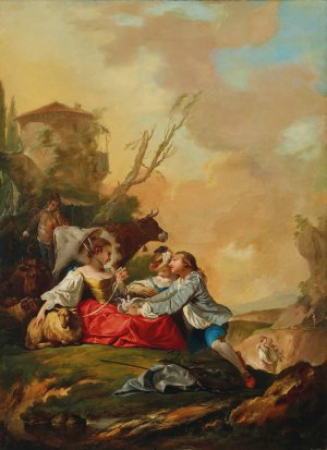 A pastoral scene with a boy offering a shepherdess doves in a rocky landscape by Jean Barbault Oil Painting