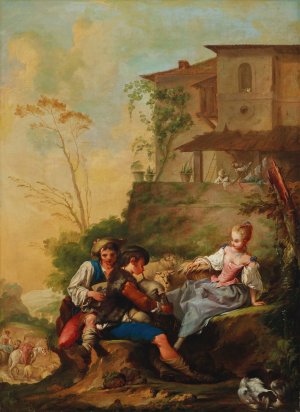 A pastoral scene with two musicians serenading a shepherdess by Jean Barbault Oil Painting